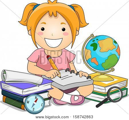 Illustration of a Little Girl Surrounded by Books, Maps, and a Globe Taking Notes Down