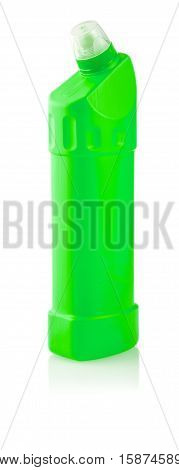 Universal cleanser. Photography of green plastic bottle with liquid laundry detergent cleaning agent bleach or fabric softener - isolated on white background