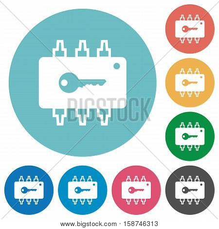 Hardware security white flat icons on color rounded square backgrounds