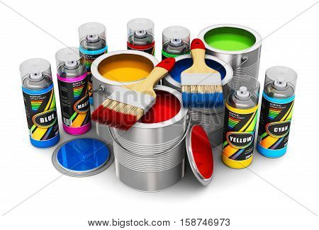 Creative abstract 3D render illustration of cans with color paint paintbrushes and spray paints isolated on white background