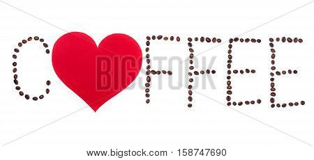 Coffeebeans text with red heart on white background