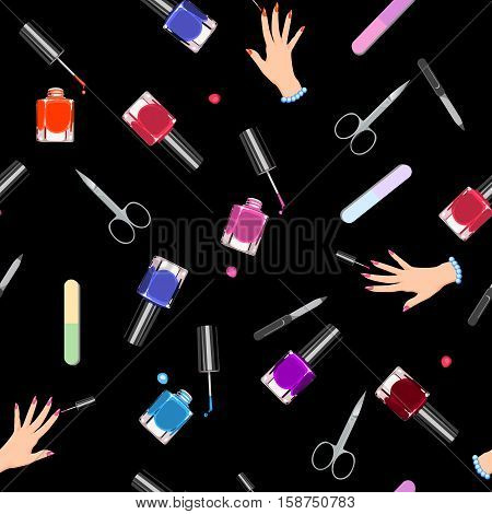 Seamless Pattern Manicure Tools On A White Background. Vector Illustration. Hand Drawing Manicure To
