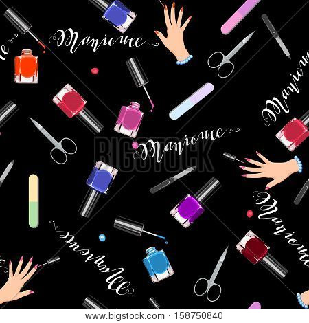 Seamless Pattern Manicure Tools On A White Background. Vector Illustration. Hand Drawing Manicure To
