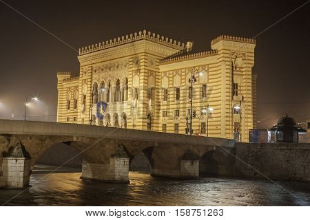 Sarajevo City Hall - Vijecnica. Early in the morning surrounded by fog.