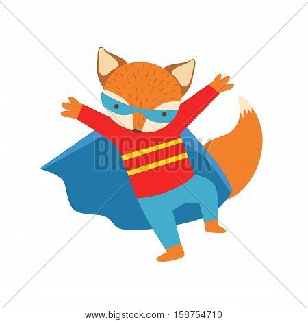 Fox Animal Dressed As Superhero With A Cape Comic Masked Vigilante Character. Part Of Fauna With Super Powers Flat Cartoon Vector Collection Of Illustrations.