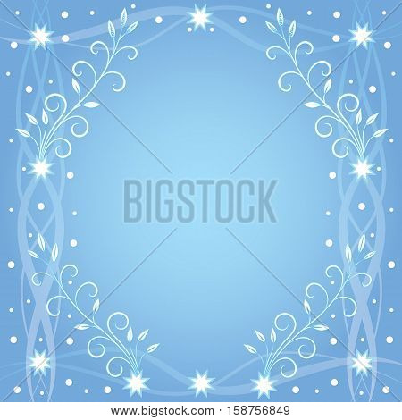 Vector frame on a blue background with white stars and plants
