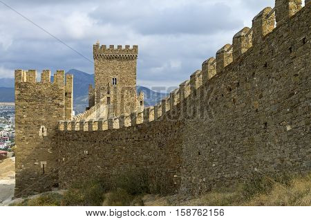 Genoese fortress in Sudak Crimea. Consular castle and the fortification wall of the upper tier.
