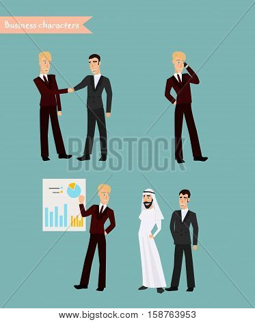 Retro Vintage Successful Businessman Working Set. Traditional National Muslim Clothes Cartoon Characters Icon Stylish Background Retro Cartoon Design Vector Illustration