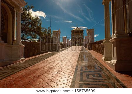 Famous orthodox monastery of Kykkos, Holy monastery of the Virgin of Kykkos in Cyprus. Way to the church near king Macarius grave. Travel sightseeing image