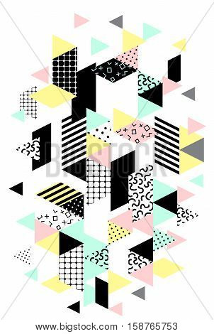Memphis verical design with geometric shapes. Abstract 80s-90s styles design. Trendy memphis style. Colorful geometric hipster poster background. Vector illustration stock vector.
