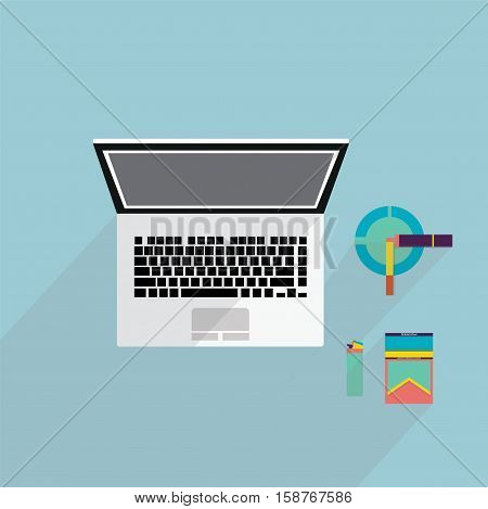 white laptop with cigarette, lighter and ash tray long shadow flat design illustration, vector