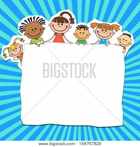 illustration of kids peeping behind banner blue color vector