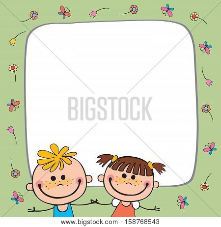Colorful template for advertising brochure with a group of cute happy cartoon kids playing