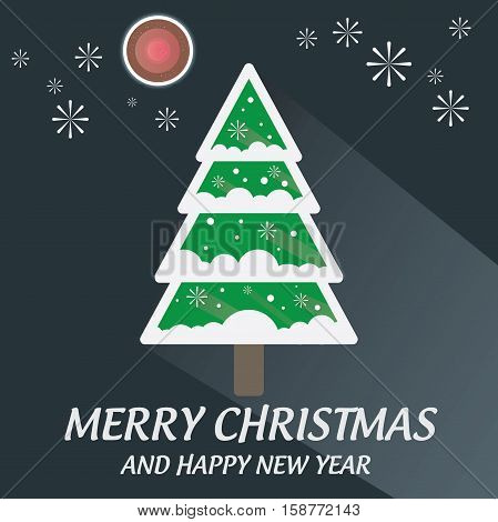 Merry Christmas Tree with firework and blood moon long shadow flat design