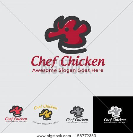 chef chicken logo concept for restaurant, junkfood, fastfood or any others with simple charachter of chicken + chef hat
