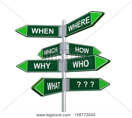 3d illustration of different question words directional signpost road sign