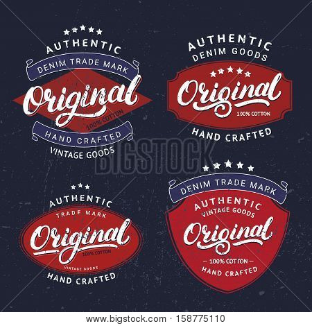 Set of Originals hand written lettering for label, badge, tee print. Denim wear. Apparel design. Grunge texture. Vector illustration.