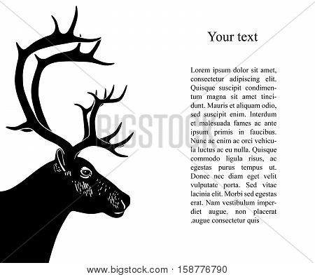 Silhouette deer head with antler isolated on white background. Vector illustration in linocut style. Wildlife background