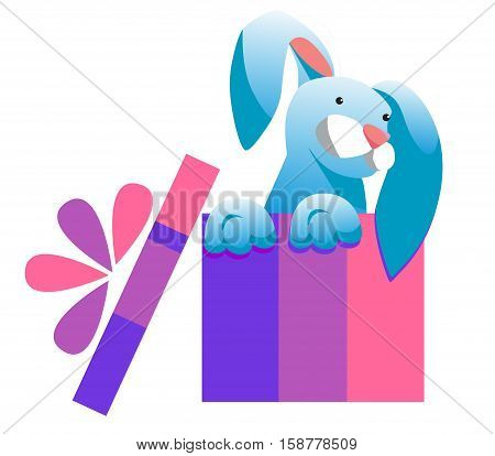 Bunny in a festive box. Surprise on holiday.