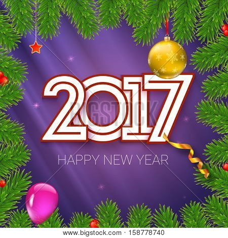 Christmas card with coming 2017 year. Golden Christmas balls, red star with green fir branches, inscription Happy New Year. Vector illustration, template for greeting cards