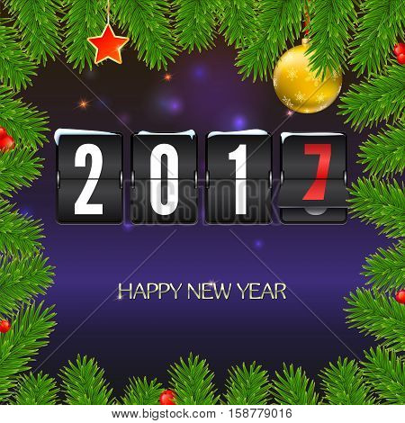 Christmas card with coming 2017 year. Golden Christmas balls, red star with green fir branches and scoreboard, inscription Happy New Year. Vector illustration, template for greeting cards