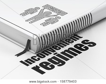 Political concept: closed book with Black Election Campaign icon and text Inconvenient Regimes on floor, white background, 3D rendering