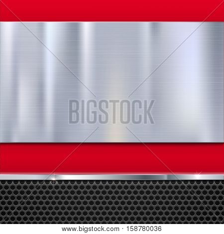 Shiny brushed metal plate with screws. Stainless steel banner on red polished background with metal strip and black mesh, vector illustration for you