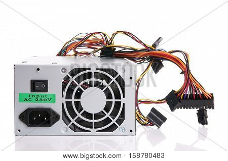 PSU power supply unit for computer on white background with reflection