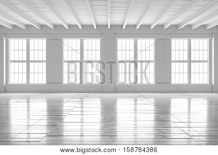 White empty room with big windows wooden floor and brick walls. Loft interior mock up. Home or office blank space. 3D rendering