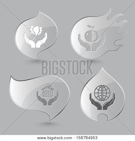 4 images: bird in hands, apple, home, protection world. In hands set. Glass buttons on gray background. Fire theme. Vector icons.