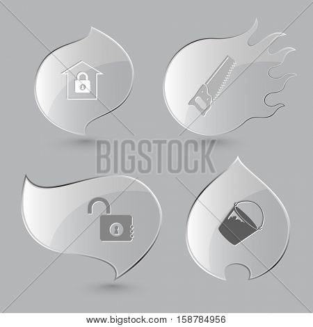 4 images: bank, saw, opened lock, bucket. Industrial tools set. Glass buttons on gray background. Fire theme. Vector icons.