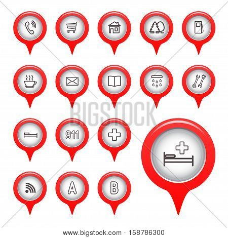 Icons on the map arrow. Vector illustration.