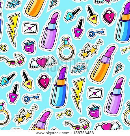 Seamless pattern with decorative fashion patch badges with colorful girls elements. Girl patches in comic cartoon 80-90 style. Vector illustration stock vector.