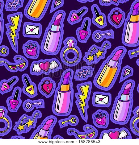 Seamless pattern with decorative fashion patch badges with colorful girls elements. Girl patches in comic cartoon 80-90 style. Vector illustration stock vector.