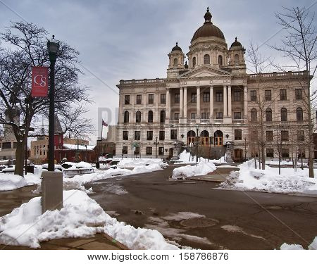 Syracuse New York USA. November 242016. View of Columbus Circle Cathedral Square and the Onondaga County Courthouse Thanksgiving Day morning. 2016
