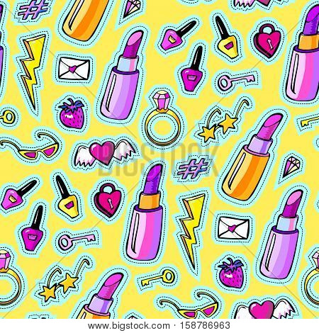 Seamless pattern with decorative fashion patch badges with colorful girls elements. Girl patches in comic cartoon 80-90 style. Vector illustration stock vector.