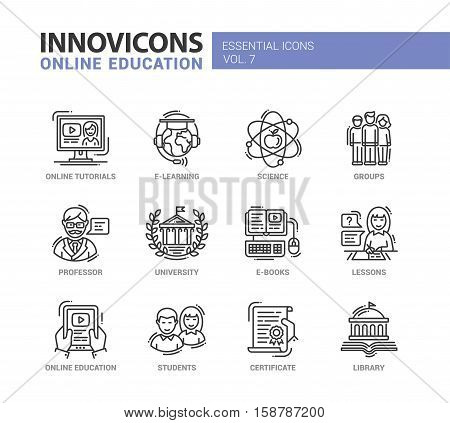 Online Education - modern vector education thin line flat design icons and pictograms set. E-books, university, online tutorials, science, e-learning, students, professor, group, library, certificate, lessons