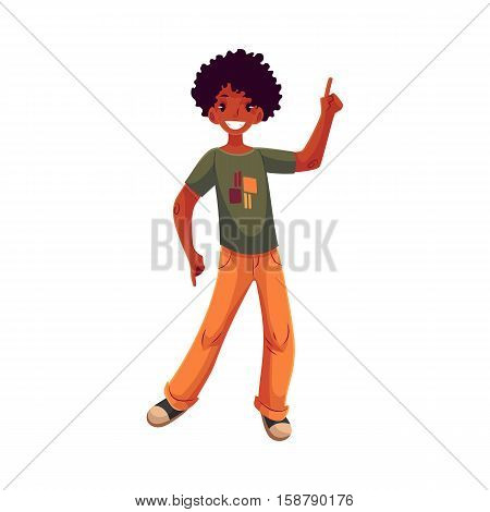 Full length portrait of african amercian teenaged boy in orange jeans dancing, cartoon style vector illustration isolated on white background. Smiling black boy with a wide smile dancing