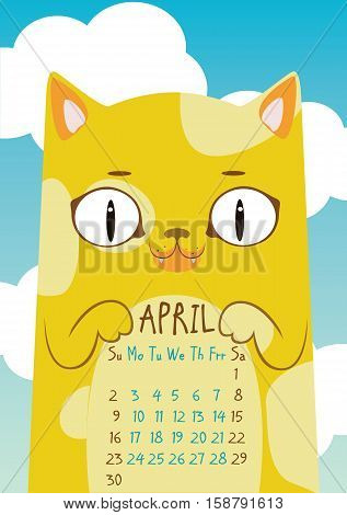Spotted yellow cat on blue sky background with clouds. April calendar