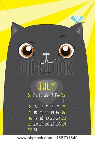 Cute black cat on a yellow background with a dragonfly on his ear. July calendar