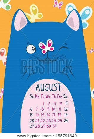 Blue cat on the background of butterflies with a butterfly on his nose. August calendar