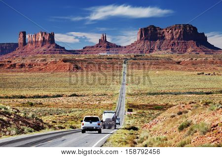 Road 163, scenic byway approaching to the Monument Valley, Arizona, USA