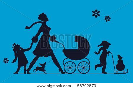Woman with children and dogs. Super mother walks with children. Vector silhouette