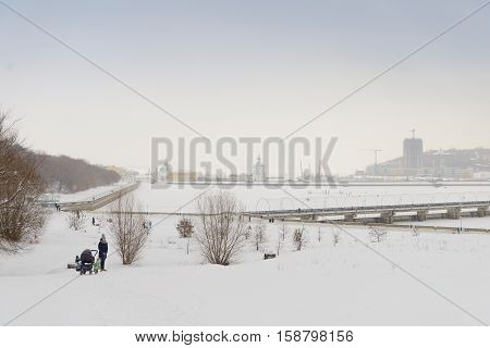 November 27 2016: Photo of Cheboksary bay on the Volga River in winter. Chebocksary. Russia.