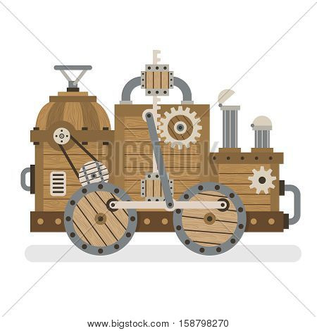 Fantastic strange wooden retro machine with mechanisms gears pipes wheels. Layered vector illustration - easy to edit.