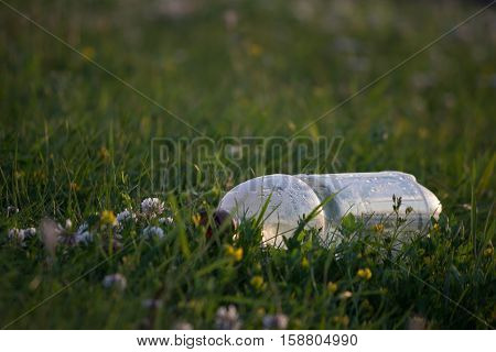 ecology concept plastic bottle on the green grass