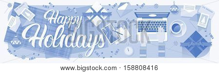 Hands Hold Laptop Computer Typing New Year Merry Christmas Decoration Vector Illustration