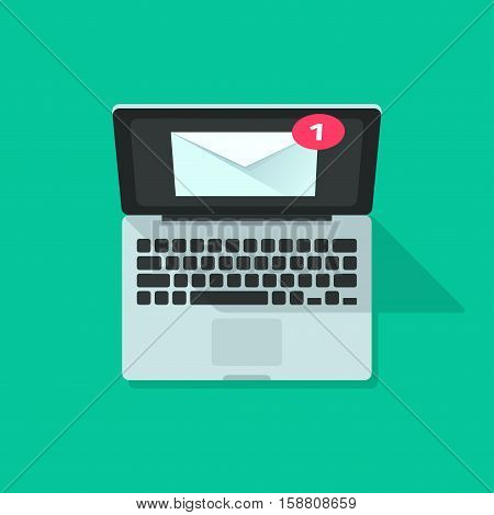 Email notification on laptop vector illustration top view, concept of electronic mail message, new e-mail, newsletter on green color background