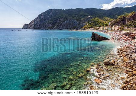 The gulf of Monterosso al Mare, Italy. Monterosso It is one of the five villages in Cinque Terre. Is located at the center of a small natural gulf, protected by a small artificial reef