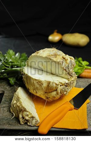Celery root - celeriac source of vitamine fresh healthy vegetable wedge